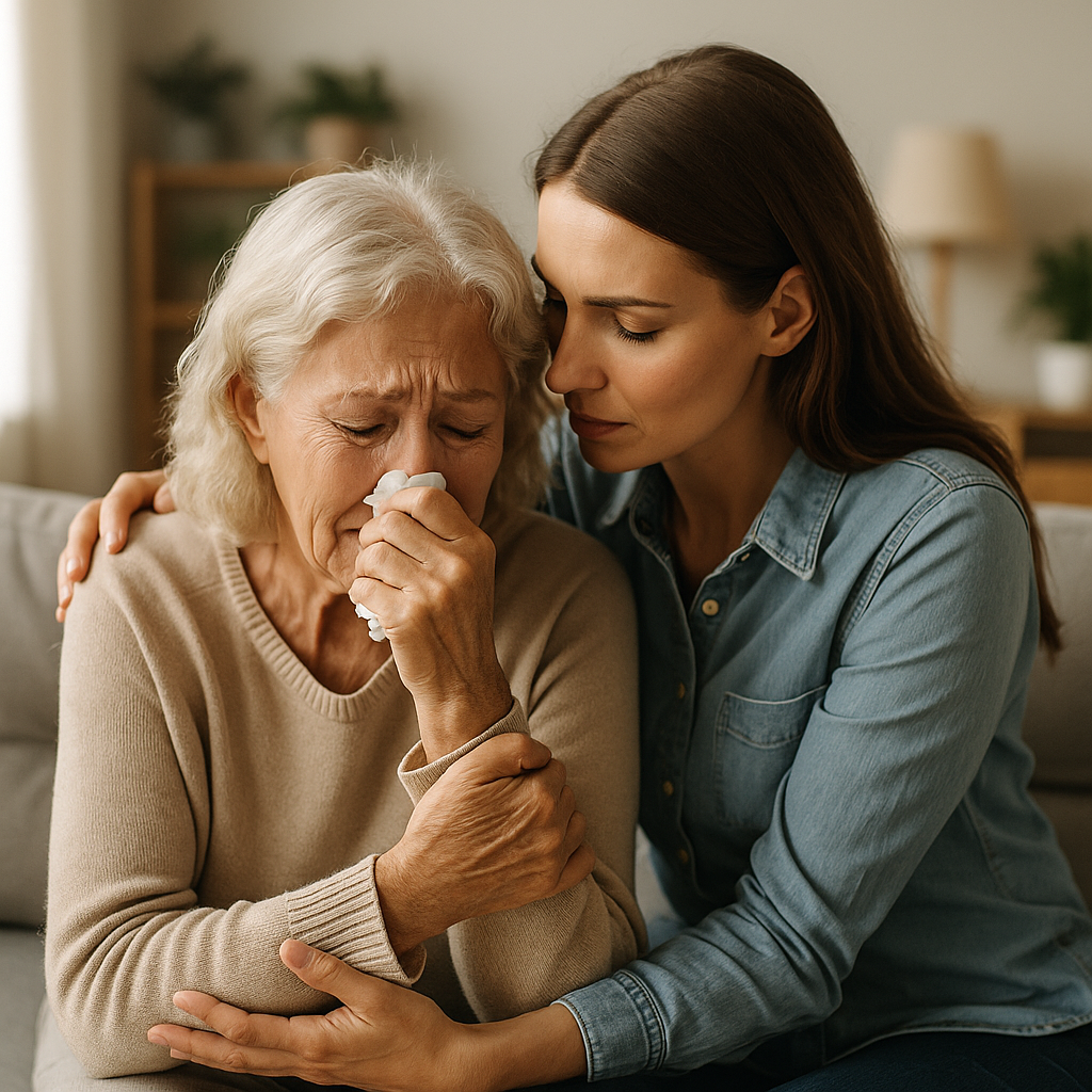 Older adult, family member, and caregiver reviewing a weekly pill organiser together.